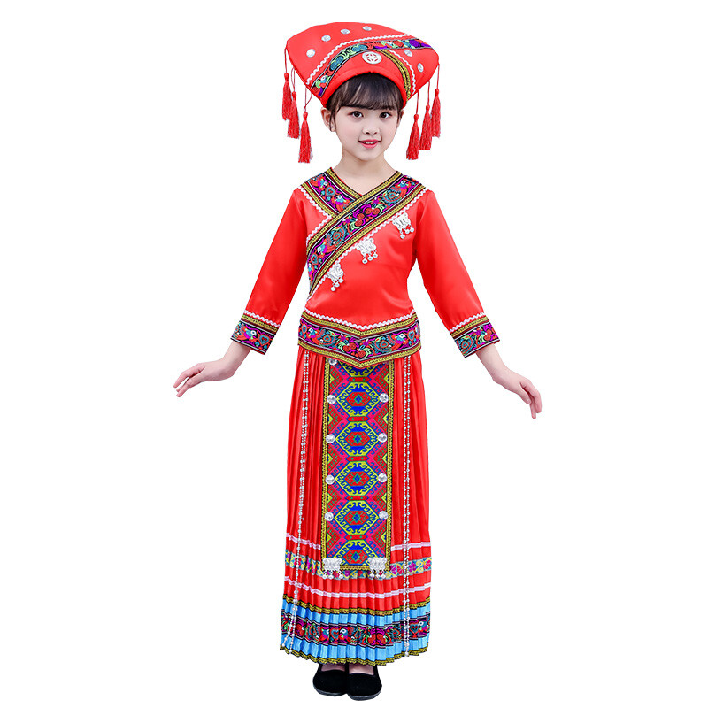 迪士尼广西壮族儿童舞蹈服饰三月三男女童演出服壮族民族服装长裙 红色长款A款 160cm